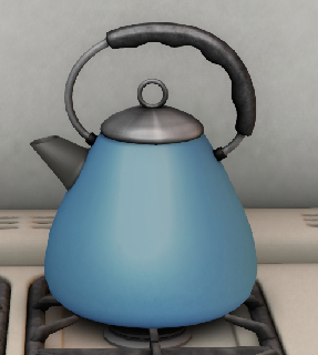 A blue tea kettle sits on the stove in a serving kitchen at a breakfast room on the grounds of Bellezzamora