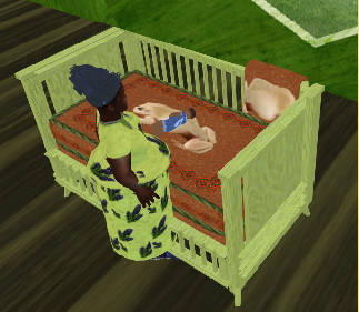 Petrichor's crib with flesh frog bedding and the side down